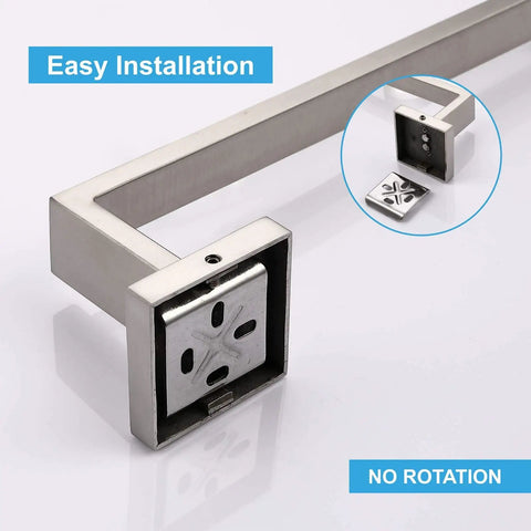 Premium Stainless Steel Hand Towel Holder With Square Open End Design Heavy Duty Built To Last Wall Mounted Towel Bar In Brushed Nickel Finish Rustproof SUS304 Construction For Bathroom And Kitchen Modern Look That Elevates Any Space showing square base and installation detail