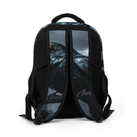 Back view of Dark Storm Castle Crow Printed Unisex Backpack with large capacity and sturdy zipper, ideal for school and travel