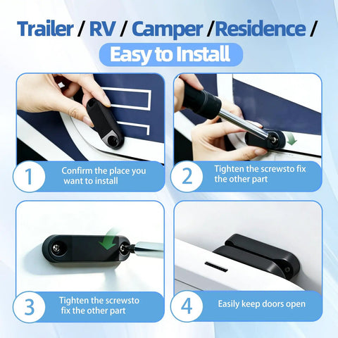 4 step installation of 4 Pair RV Magnetic Door Holders Black Metal Magnetic Baggage Door Catch Clip for securing camper doors