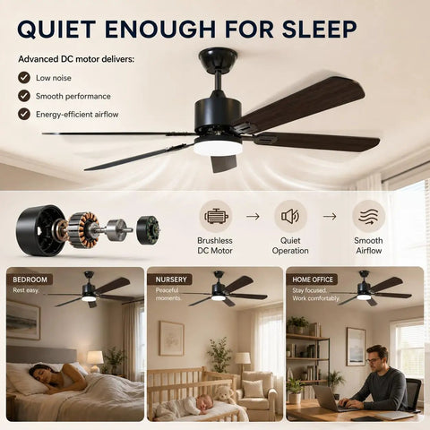 42 Inch Reversible Ceiling Fan With Integrated Light And Wireless Remote Providing Six Hella Quiet Speeds And Kickin Cooling Airflow For Your Ultimate Room Refresh in a lit bedroom with low noise operation.