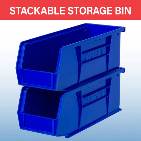 Two blue stackable plastic storage bins, labeled, front view, demonstrating organization utility.
