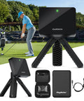 Portable Golf Launch Monitor And Simulator Bundle with 10 Hour Battery Life and accessories, featuring golfer in action.