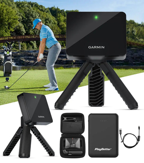 Portable Golf Launch Monitor And Simulator Bundle with 10 Hour Battery Life and accessories, featuring golfer in action.