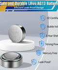 Heavy Duty Fifty Pack LR44 Alkaline Button Cell Batteries Delivers Straight Fire Power Built Tough showing LR44 battery on a display.