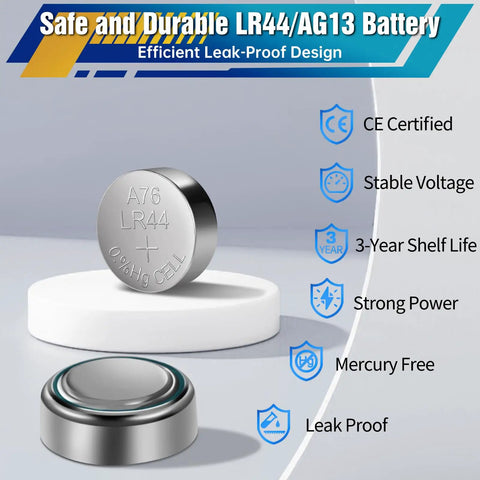 Heavy Duty Fifty Pack LR44 Alkaline Button Cell Batteries Delivers Straight Fire Power Built Tough showing LR44 battery on a display.