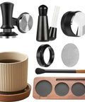Straight Up Perfect Espresso Tamper Kit With Coffee Grounds Distributor, precision tools and coffee cup setup for brewing.