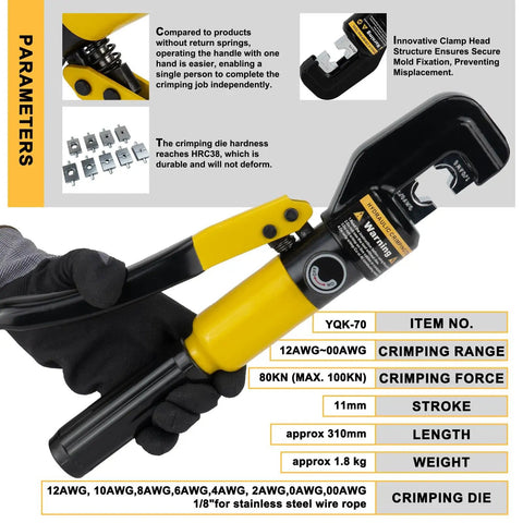 Hydraulic Crimping Tool And Cable Cutter Kit For 12-2/0 AWG Wire With 64 Copper Ring Terminals Pro Grade Heavy Duty Crimper Set For Electrical Wiring Projects, 10-ton handle