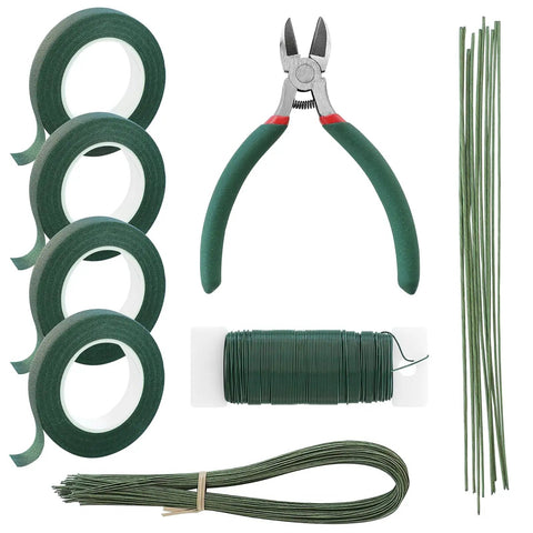 All In One Flower Wire And Tape Kit For DIY Bouquets That Has You Covered Includes 26 Gauge And 18 Gauge Stem Wires 22 Gauge Paddle Wire Floral Tape And Green Floristry Supplies Cutter Included arranged in a set