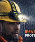 Man wearing Rechargeable Headlamp With Red And White Light 800 Lumens From High Output Pro LED Chip in rain with IP66 protection.