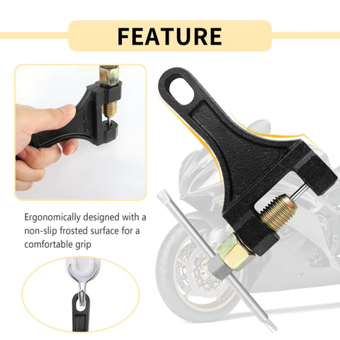Front view of a black universal motorcycle chain breaker tool for 420/428/520/525/528/530 chains.
