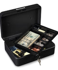 Compact Cash Box With Removable Money Tray And Under Tray Storage Five Coin Slots Durable Metal Safe With Key Lock Ideal For Home Office Black 0.14 Cu Ft Saving Money Lock Box