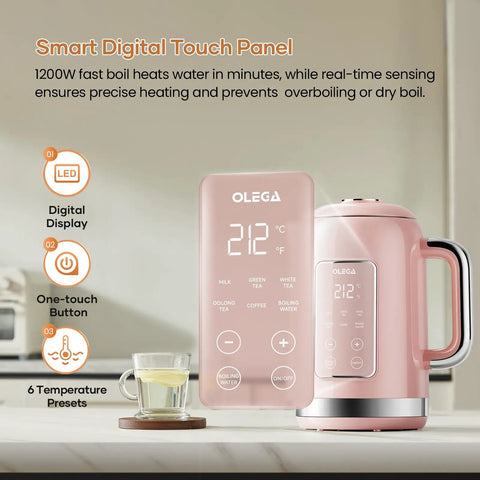 1.5L Stainless Steel Smart Electric Kettle with Temperature Control, Six Precise Presets, 1200W Fast Boil, Pink Finish, ideal for tea