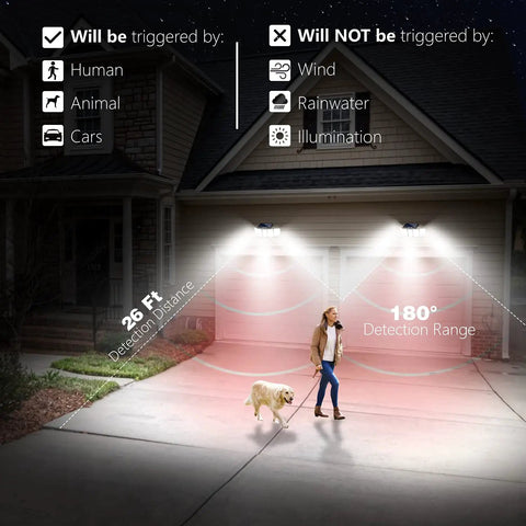 Image of Cordless Solar Motion Sensor Lights Outdoor So Bright, 300 LED 6500K Flood Light illuminating driveway with a woman and dog. Detection distance is 26 feet and range is 180 degrees. Security Flood Light For Patio Yard Garden, 2 Pack.