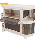 Smooth Rollin Storage Trolley With Four Tier Utility Cart And Covered Plastic Storage Bins, side view showing clear bins and wheels.