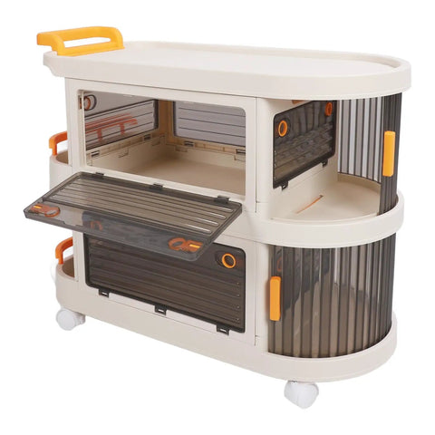 Smooth Rollin Storage Trolley With Four Tier Utility Cart And Covered Plastic Storage Bins, side view showing clear bins and wheels.