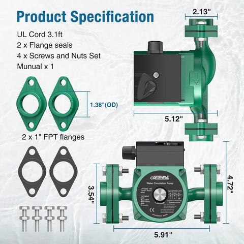 Heavy Duty Hot Water Recirculating Pump With Gutsy 130 Watt Motor And One Inch FNPT Flange Kit showing dimensions and accessories.