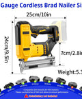 Heavy Duty 18 Gauge Cordless Brad Nailer And Electric Staple Gun Delivers Killer Brushless Performance For Precision Diy Woodworking Battery Powered Dual Function Nailing Tool Includes One Thousand Nails Ready To Roll Right Away, showcasing dimensions and weight.