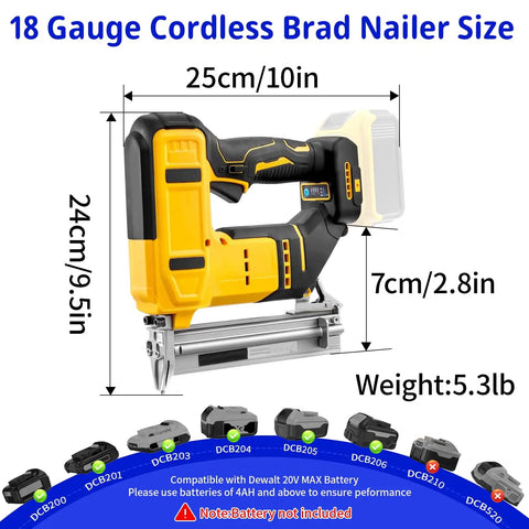 Heavy Duty 18 Gauge Cordless Brad Nailer And Electric Staple Gun Delivers Killer Brushless Performance For Precision Diy Woodworking Battery Powered Dual Function Nailing Tool Includes One Thousand Nails Ready To Roll Right Away, showcasing dimensions and weight.