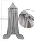 Kids Bed Canopy Tent With Frills Cotton Hanging Net For Reading Nook And Playroom Hideaway In Soft Grey with size details