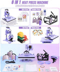 8 in 1 Heat Press Machine With Swing Away 12x15 Inch Shirt Press for Sublimation and Heat Transfer, image of various press functions.