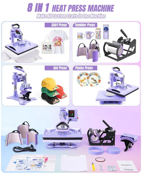 8 in 1 Heat Press Machine With Swing Away 12x15 Inch Shirt Press for Sublimation and Heat Transfer, image of various press functions.