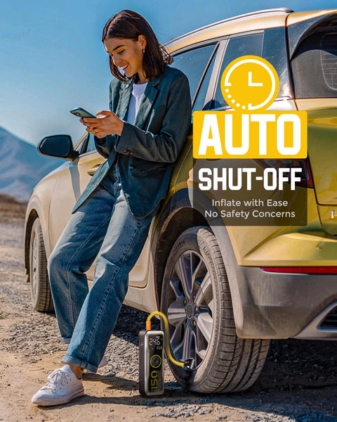 Portable Tire Inflator With 16000mAh Battery 150 PSI Air Pump Delivers 35 Liters Per Minute Beside Car