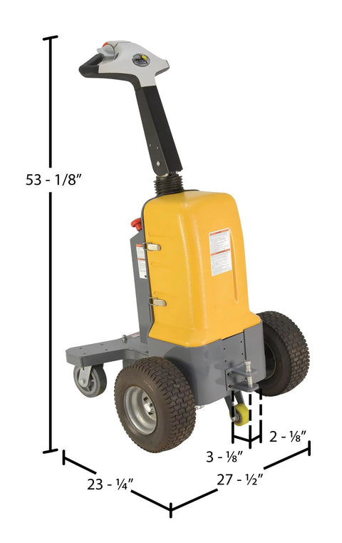 Heavy Duty Electric Powered Tugger With 3000 Lb Pull Capacity featuring ergonomic handle side view and dimensions for industrial use.