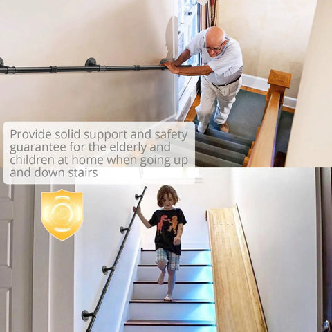 Straight Up Reliable Black Industrial Pipe Handrail Heavy Duty Steel Staircase Banister used by an elderly man and child for safe support