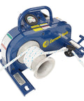 8000 Lb Cable Puller With Chain And Floor Mount showing side view, built-in gauge, and rope on tapered capstan for alignment.