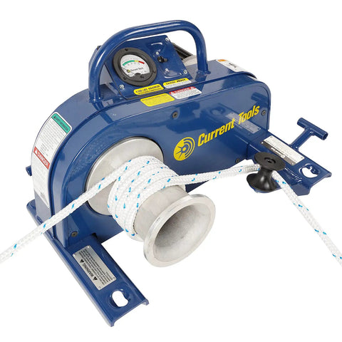 8000 Lb Cable Puller With Chain And Floor Mount showing side view, built-in gauge, and rope on tapered capstan for alignment.