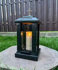 Black Granite Memorial Lantern Candle Holder for Tombstone and Graveside Cemetery Decor, 13 Inch Tall Grave Light outdoors