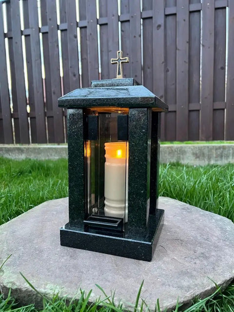 Black Granite Memorial Lantern Candle Holder for Tombstone and Graveside Cemetery Decor, 13 Inch Tall Grave Light outdoors
