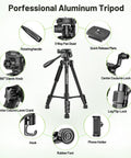 Beefy Heavy Duty Laser Level Tripod Stand, 60 Inch Adjustable Support For Laser Levels And Distance Meters, One Quarter Inch And Five Eighth Inch Mounts, Non Slip Feet, Three Way Pan Head With Bubble Level, black aluminum tripod with phone holder