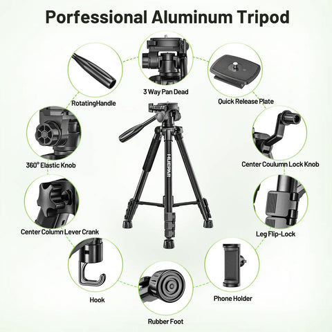 Beefy Heavy Duty Laser Level Tripod Stand, 60 Inch Adjustable Support For Laser Levels And Distance Meters, One Quarter Inch And Five Eighth Inch Mounts, Non Slip Feet, Three Way Pan Head With Bubble Level, black aluminum tripod with phone holder