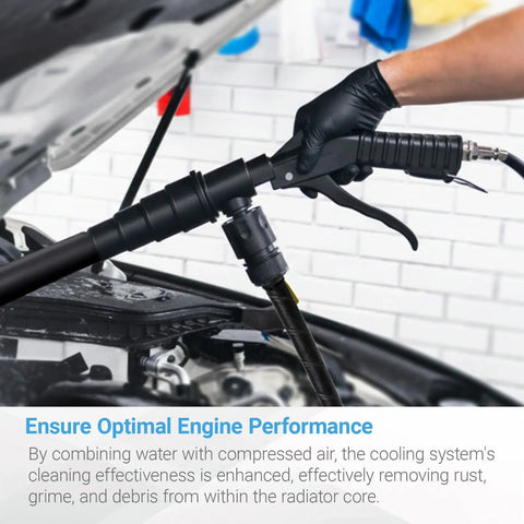 Pro Grade Coolant Flush Gun And Heater Core Cleaner Kit For Radiator And Engine Cooling System Featuring Dead Simple Dual Air Water Pressure And Slick One Hand Controls Fits 19 To 40 Mm Hoses, being used in an auto workshop.