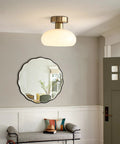 Mid Century Modern Bathroom Ceiling Light Small Black Milk Glass Drum Shade Semi Flush Mount in entryway