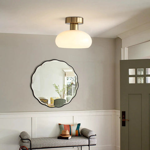 Mid Century Modern Bathroom Ceiling Light Small Black Milk Glass Drum Shade Semi Flush Mount in entryway