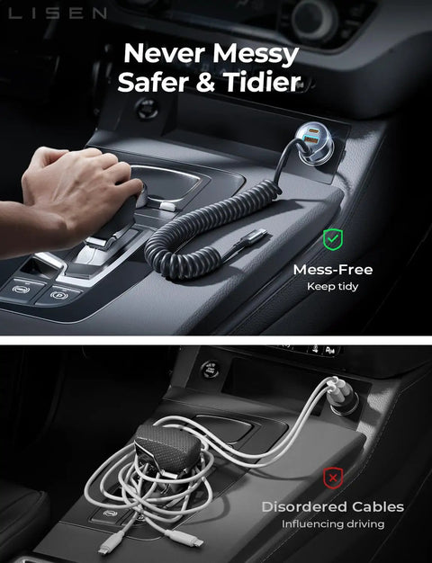 Comparison of 90W USB C Car Charger With 45W Coiled Cable showing tidy versus messy cable arrangement in car console.