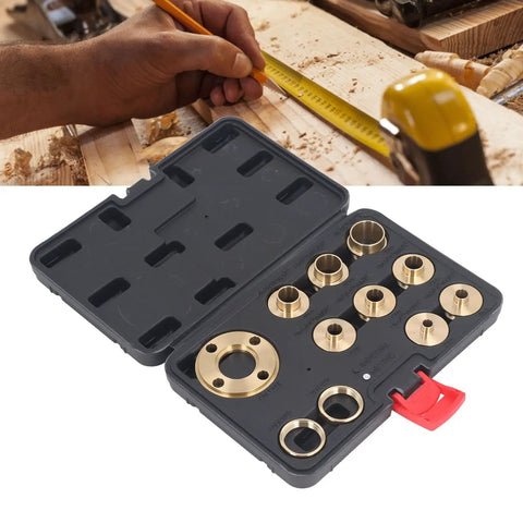 Premium Brass Router Template Guide Set For Woodworking Trim Machines Featuring Heavy Duty Flip Plate Inserts Built Tough For Rock Solid Stability And Ultra Smooth Action with eight brass bushings in a case.