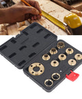 Heavy Duty 11 Piece Brass Router Template Bushing Guides With Storage Box for woodworking, showing brass sleeves in case.
