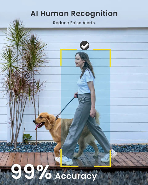 No Wires Battery Powered Wireless Outdoor Security Camera With 2K 3MP HD Video Built In Spotlight And Siren 2 Way Audio Color Night Vision AI Detection Alexa Compatible Easy Setup 2 4 GHz detects person walking dog with AI human recognition