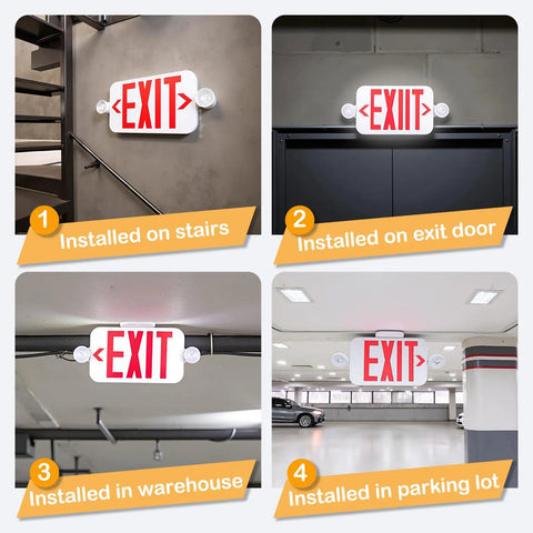 Smooth Running Exit Sign And Emergency Light Featuring Rock Solid Battery Backup Lasts Ninety Minutes Through Power Drops on stairs and parking lot.