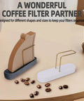 Marble And Brass Cone Coffee Filter Holder Stand For V60 Filters Size 01 02 04 on a table with coffee beans.