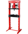 Heavy Duty 20 Ton Hydraulic Shop Press With Easy Read Pressure Dial, red steel frame, designed for auto garage bearing and bushing installation.