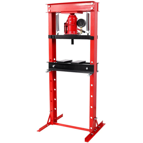 Heavy Duty 20 Ton Hydraulic Shop Press With Easy Read Pressure Dial, red steel frame, designed for auto garage bearing and bushing installation.