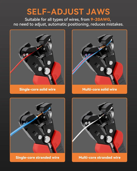 Self Adjusting Wire Stripper 3 In 1 Automatic Tool For 9-20 AWG Cables, showing four wire configurations in use.
