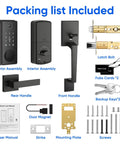 Packing list for Super Slick Smart Door Lock Handle Set including exterior and interior assemblies, handles, bolts, and accessories.
