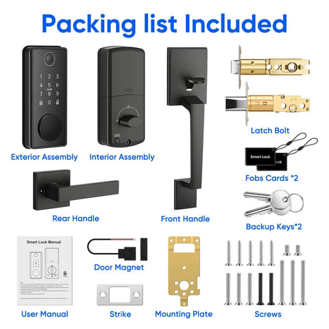 Packing list for Super Slick Smart Door Lock Handle Set including exterior and interior assemblies, handles, bolts, and accessories.