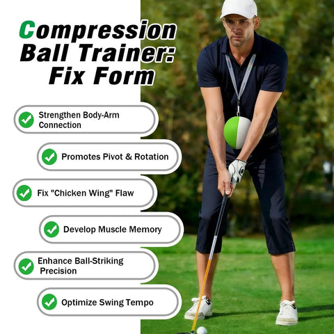 Golfer using Golf Swing Trainer Ball For Solid Forearm Connection And Clean Impact Position To Fix Chicken Wing Slices Scooping And Lag