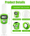 Bulk 30 Pack Electronic Finger Clicker With 5 Digit Lcd Display Resettable Hand Tally Counter No Fuss Design Golf Game Day Ready And Crafting Tool Auto Sleep Battery Green handheld tally counter with LCD display and silicone strap.